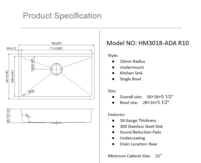 Hand Made Stainless Sink 30" X 18" ADA