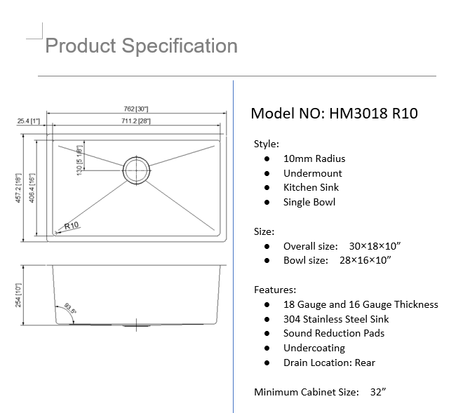 Hand Made Stainless Sink 30" X 18" R10