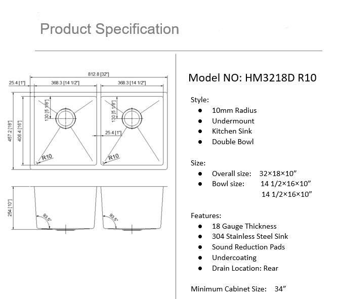 Hand Made Stainless Sink DOUBLE 32" X 18" R10