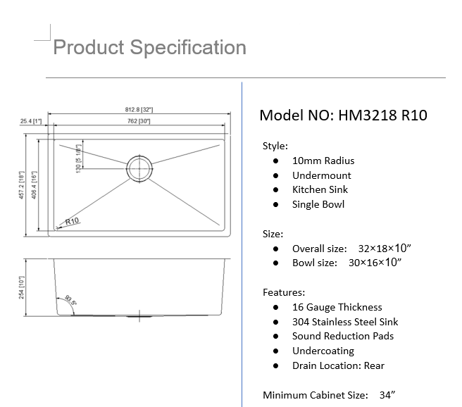 Hand Made Stainless Sink 32" X 18" R10